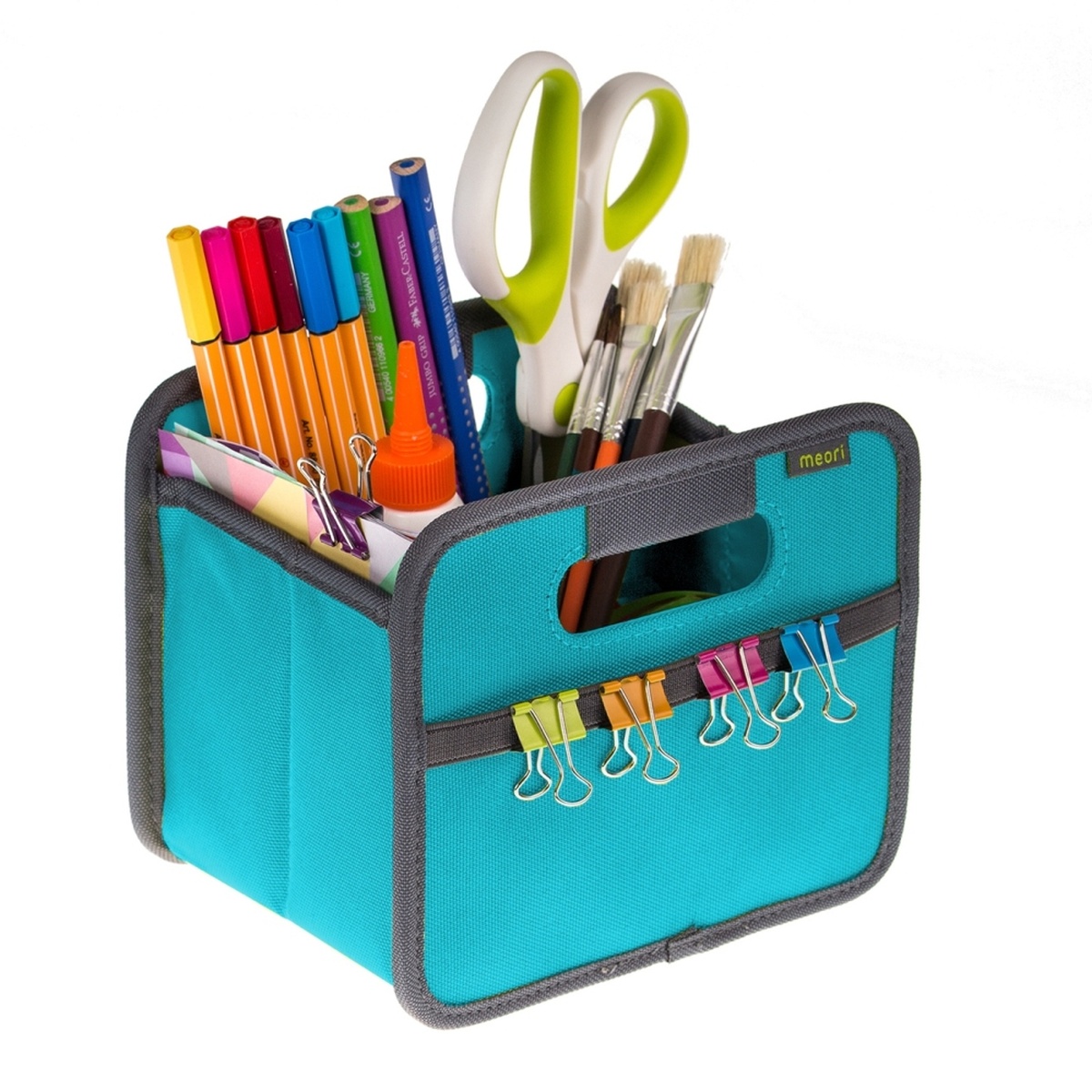 mini storage bin azure blue with office supplies in it.