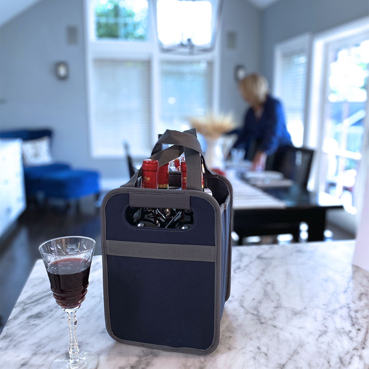 wine tote for 4 bottles on kitchen counter