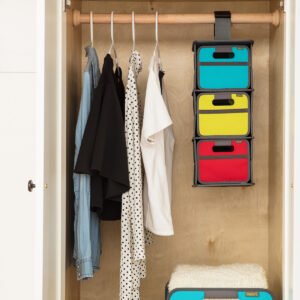 Marine Blue Hanging Organizer hanging in closet with three different colored mini boxes
