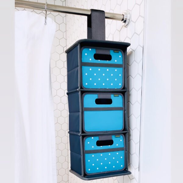 Marine Blue Hanging Organizer hanging on shower curtain rod with three azure-colored mini boxes