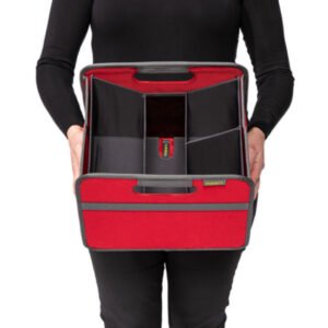 Woman holding red small storage cube with desk insert