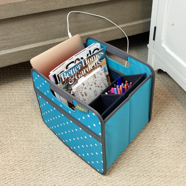 Desk organizer insert in azure blue small storage cube with conents