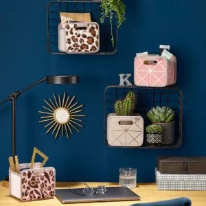 Rose-colored Collapsible Desk Organizer with Leopard Print on desk with and three mini boxes in shelves on wall