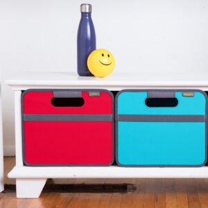 Azure Blue and Red Collapsible Storage Bin in entry way