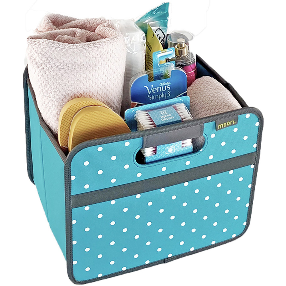 A100059-9-meori-Small--Foldable-Box-Azure-Blue-Dots-LST Azure Blue Fabric Storage Bin with White Dots filled with bathroom supplies