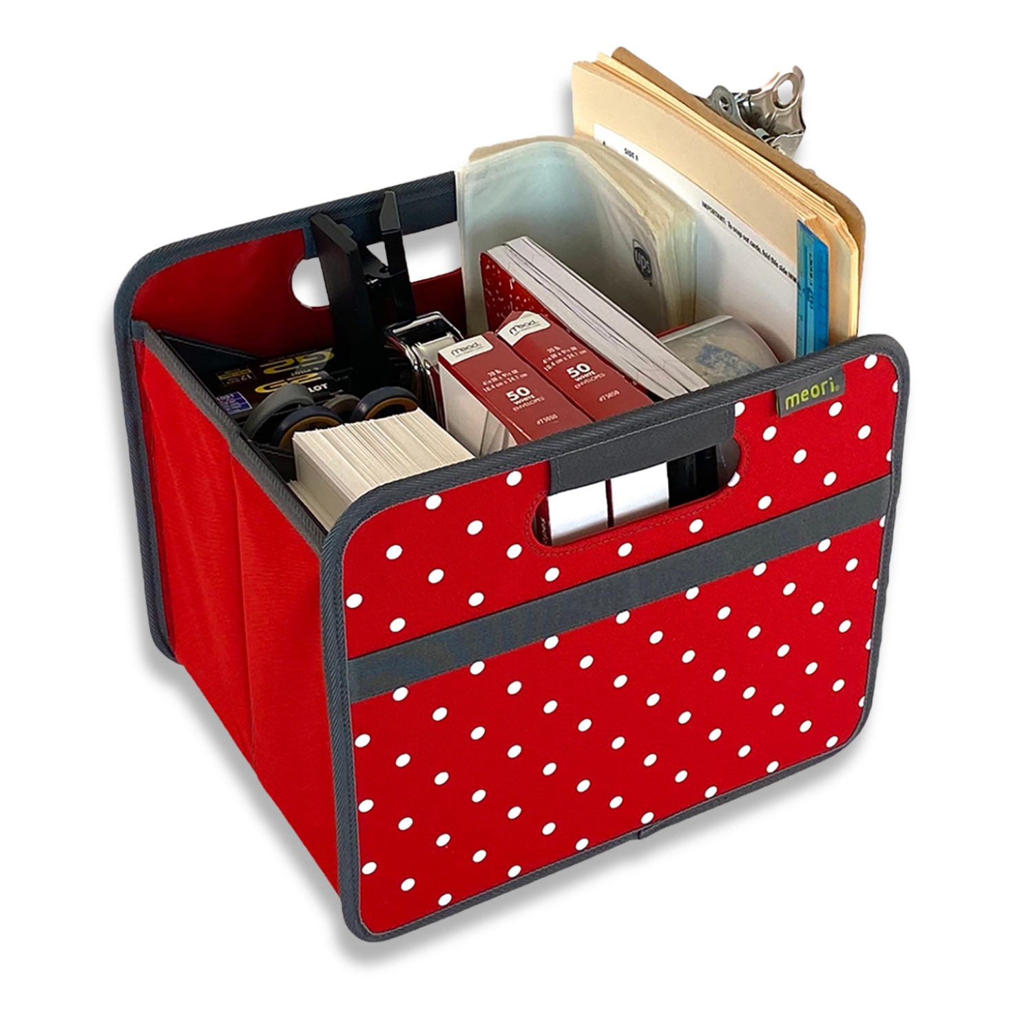 A100063-8-meori-Small-Foldable-Box-Hibiscus-Red-Dots-LST Red Fabric Storage Bin with White Dots filled with office supplies