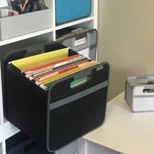 Black Hanging File Box with file folders pulled out of a shelf in an office