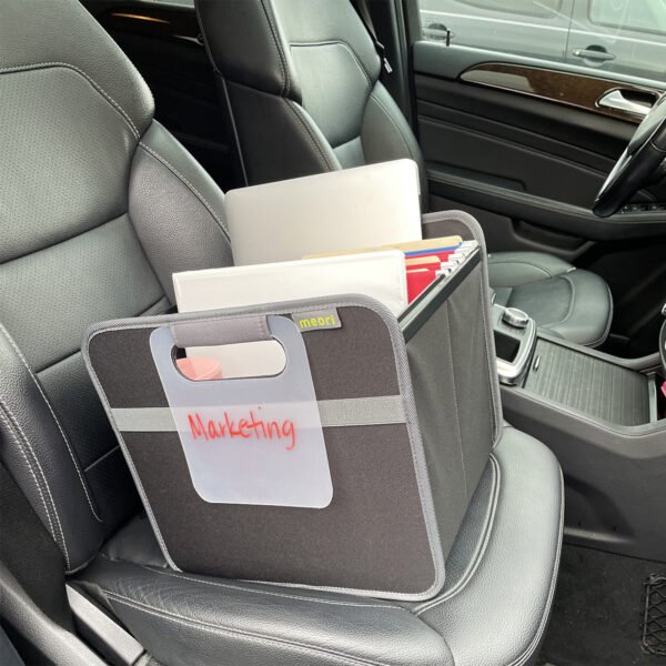 Black Hanging File Box with file folders on the passenger seat of a car