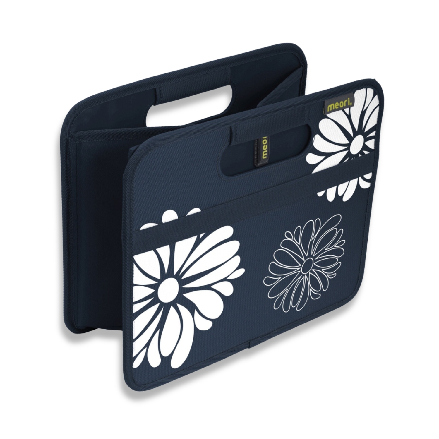 A100113-02-meori-Small-Foldable-Box-Marine-Blue-Flowers Marine Blue Small Collapsible Storage Box with Flowers Imprint