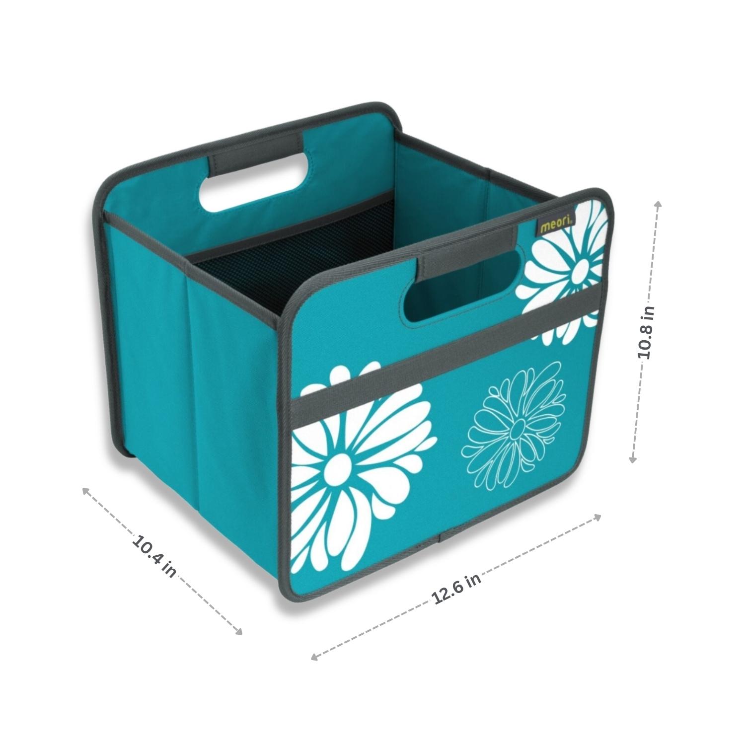 A100205-04-meori-Small-Foldable-Box-Azure-Blue-Flowers-DIM Azure Blue Small Collapsible Storage Box with Flowers Print with dimensions