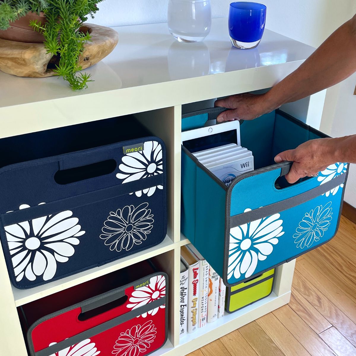 A100205-06-meori-Small-Foldable-Box-Azure-Blue-Flowers-LST Three Small Collapsible Storage Boxes with Flowers Print in shelving cube
