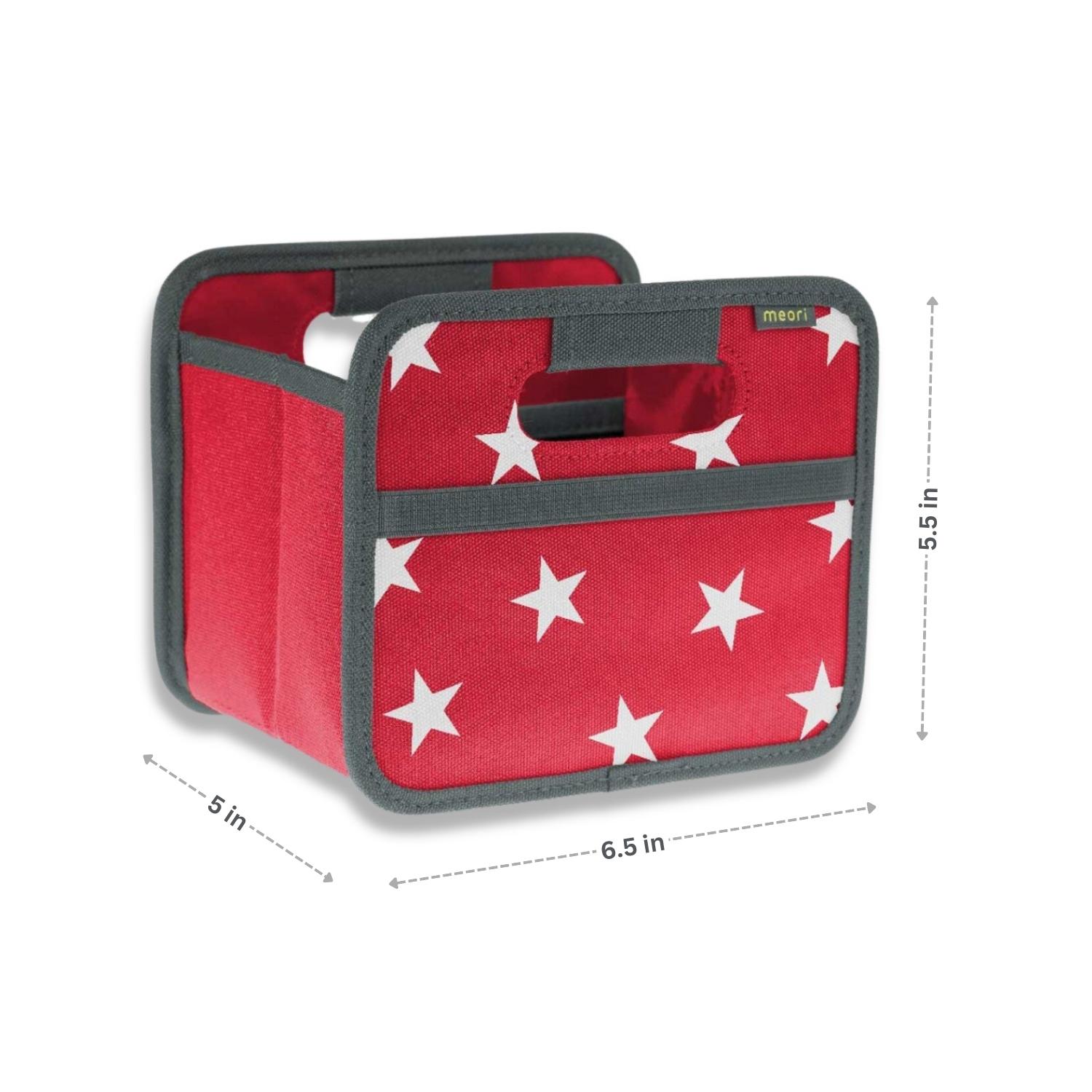A100306-07-meori-Mini-Foldable-Box-Hibiscus-Red-Stars-DIM Red Collapsible Fabric Storage Cube with White Stars with dimensions