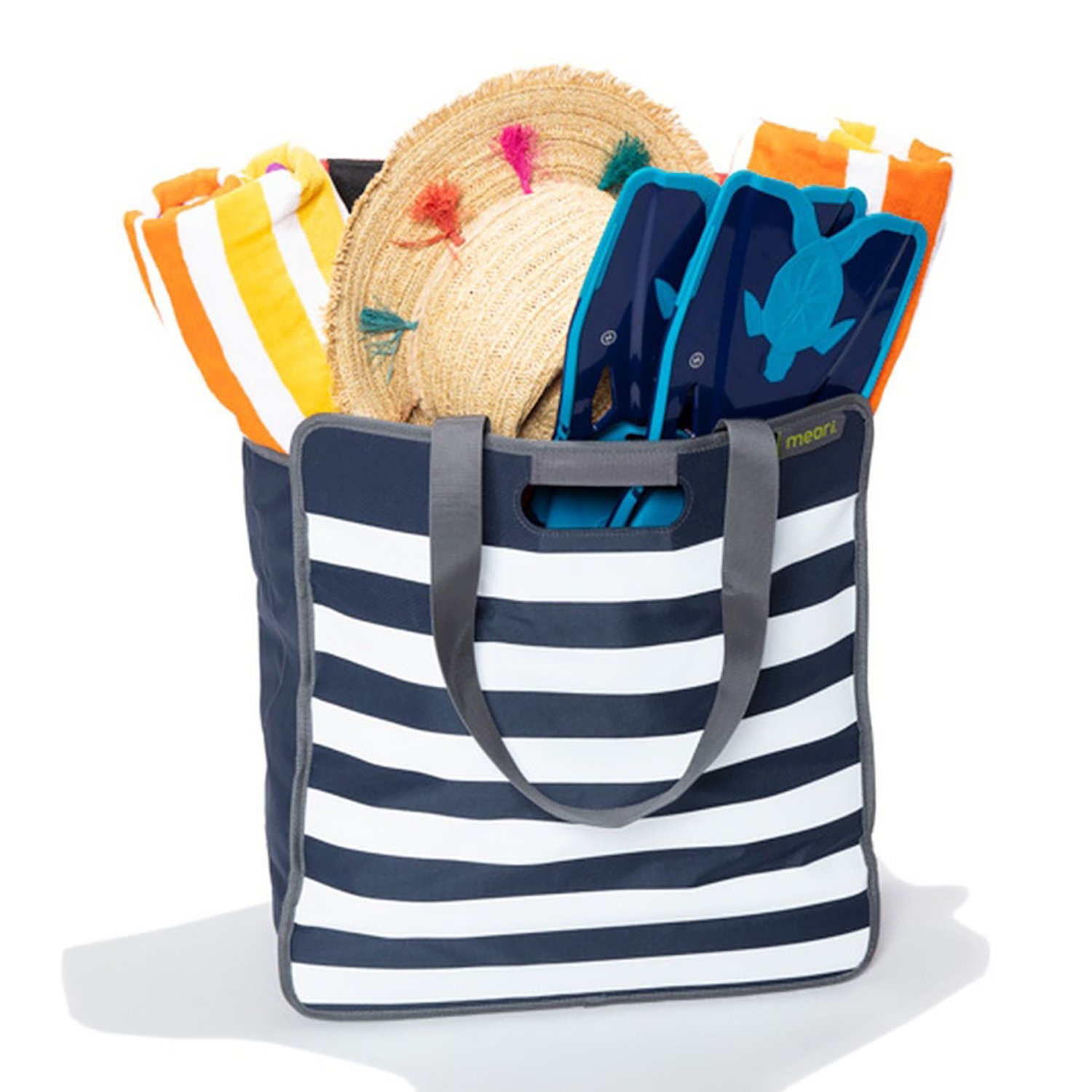 A100351-08-meori-Large-Utility-Tote-Marine-Blue-Stripes-LST Marine Blue Large Large Utility Tote with White Stripes filled with towles, straw hat and fins