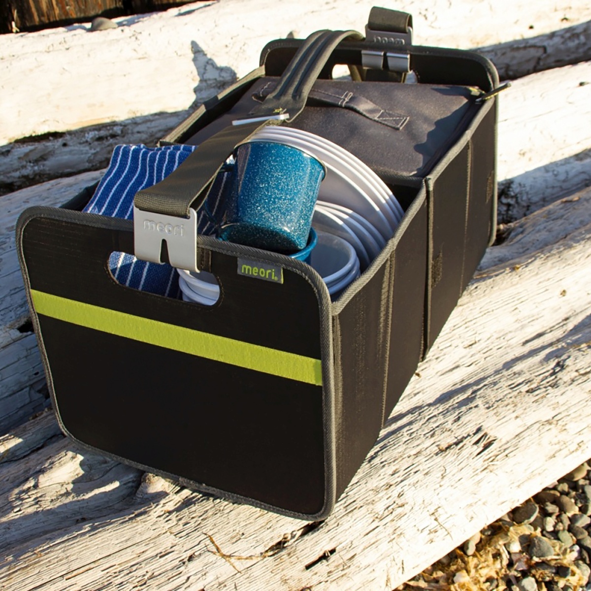 Black Collapsible Trunk Organizer with cooler insert, shoulder strap and camping supplies