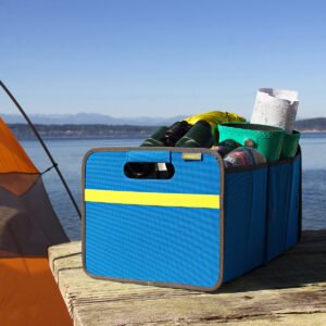 Blue Collapsible Trunk Organizers shown holding various camping supplies in front of a tent