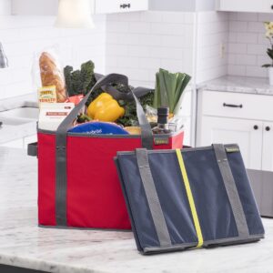 Red Blue Collapsible Shopping Basket filled with groceries and folded blue basket leaning against it