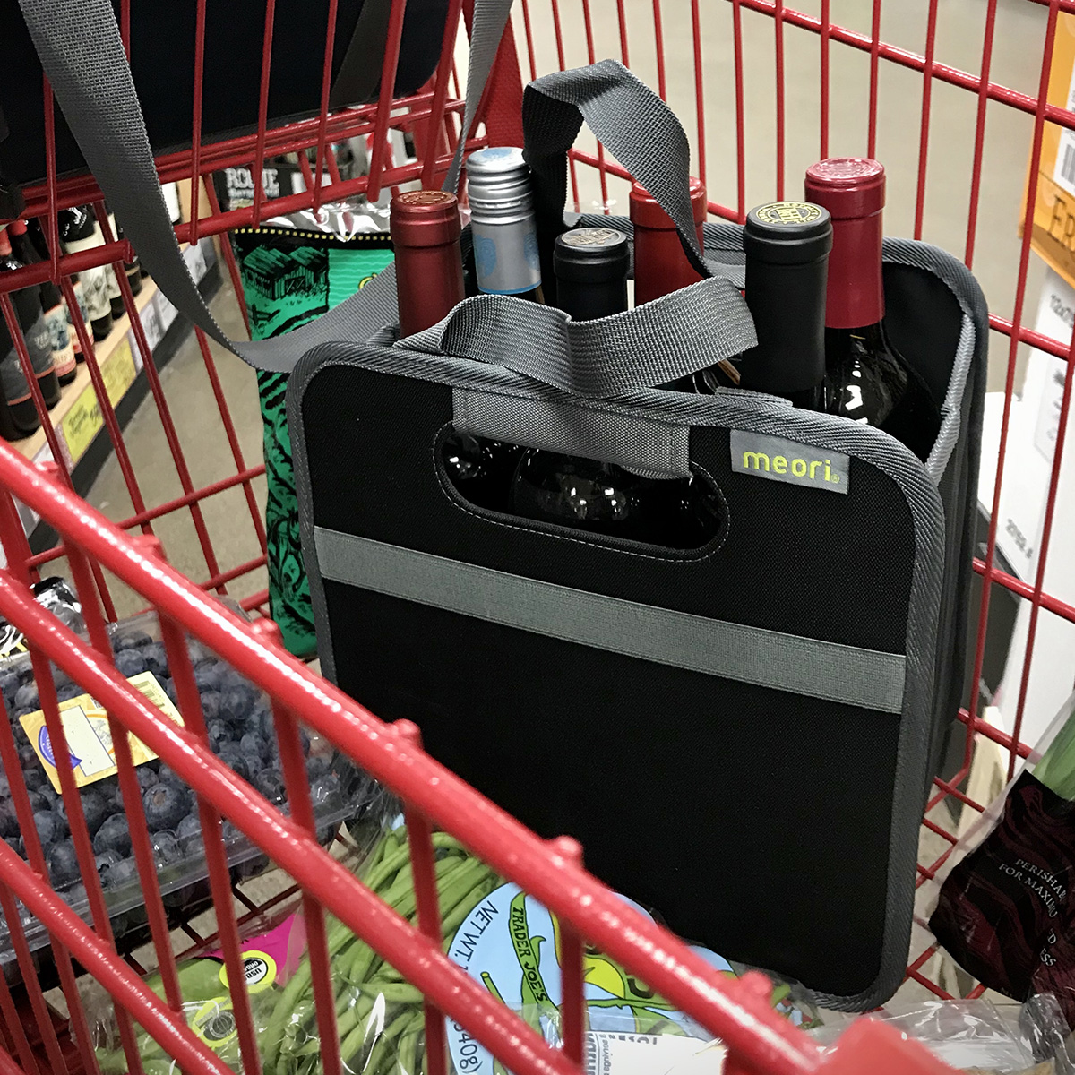 Black 6 Bottle Wine Tote filled with wine bottles in shopping cart