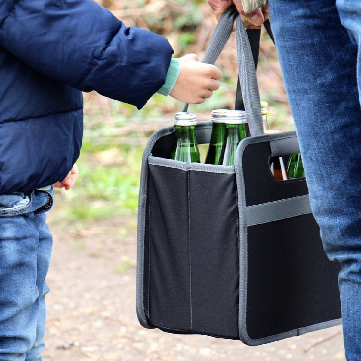 Black 6 Bottle Wine Tote filled with six water bottles