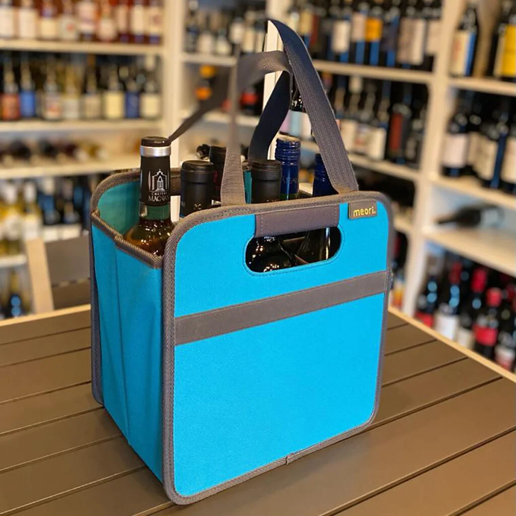 Azure Blue 6 Bottle Wine Tote filled with 6t Bottles in Wine Store