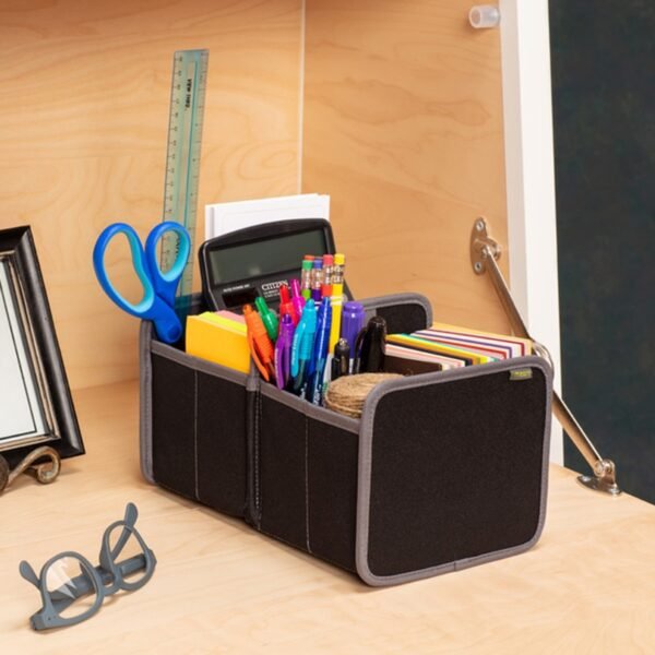Black Storage Box For Organizing filled with Office Supplies on Desk