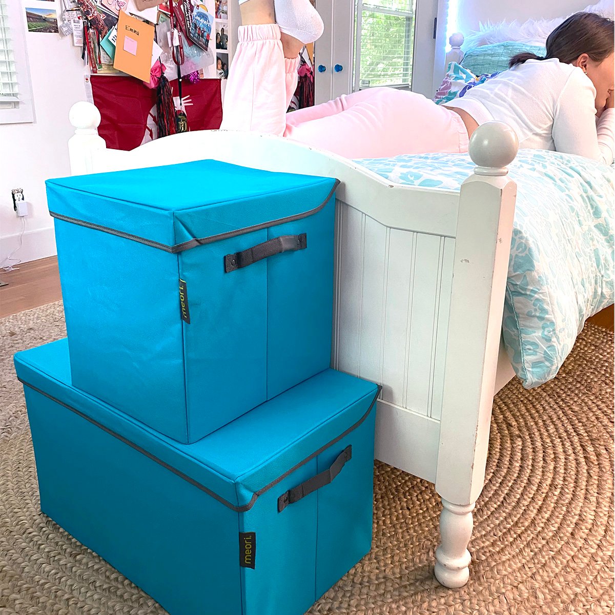 Azure Blue Small Storage Bin With Lid stacked on top of Large Storage Box with Lid