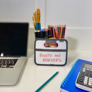 Mini Whiteboard with Paints and Markers on Desk