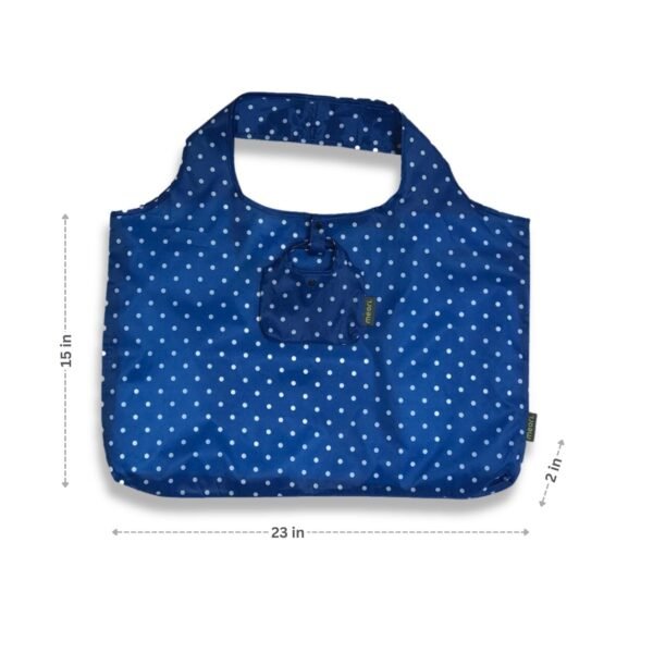 Marine Blue Grocery Bag with White Dots with dimensions