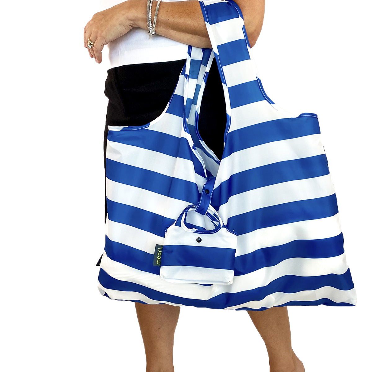 A100783-10-meori-Reusable-Pocket-Shopper-Classic-Blue-Stripes Marine Blue Reusable Shopping Bag with White Stripes