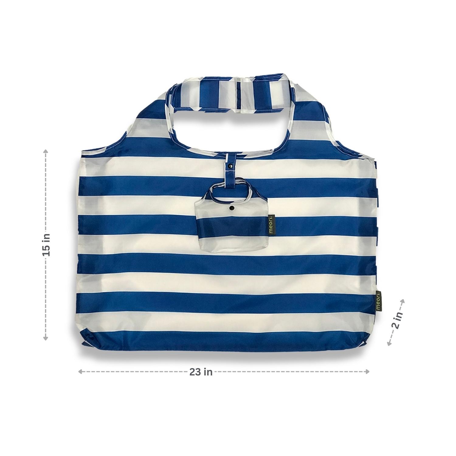A100783-11-meori-Reusable-Pocket-Shopper-Classic-Blue-Stripes-DIM Marine Blue Reusable Shopping Bag with White Stripes with dimensions
