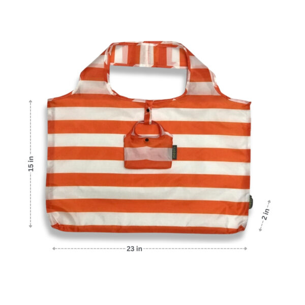 Orange Reusable Shopping Bag with White Stripes with dimensions