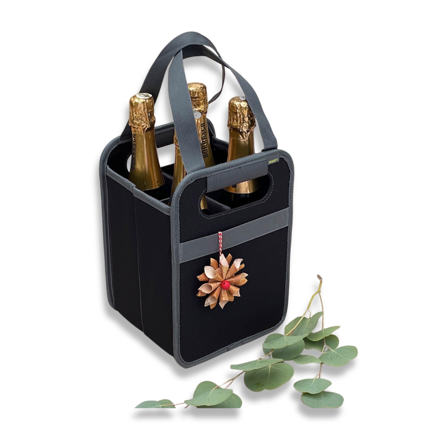 A100813-08-meori-4-Bottle-Wine-Tote-Lava-Black-LST Black 4 Bottle Wine Bag with four champagne bottles
