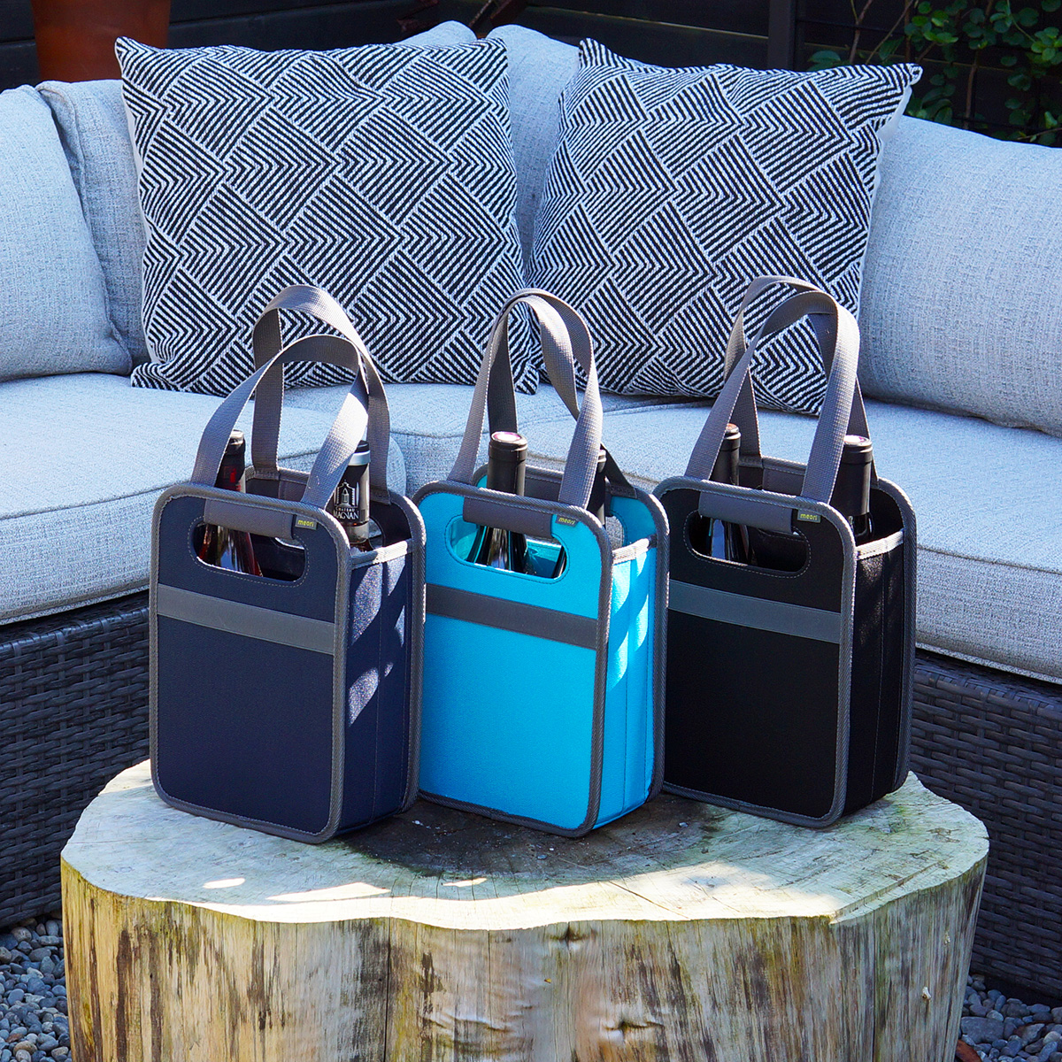 A100826-11-meori--2-Bottle-Wine-Tote-Azure-Blue-LST Three 2 Bottle Wine Carrier Totes on patio table