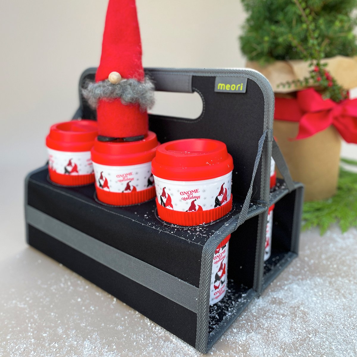 Black 6 Portable Drink Carrier with coffee cups in Holiday design