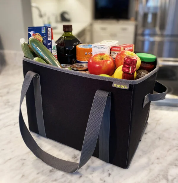 Black Collapsible Shopping Basket filled with groceries on kitchen counter