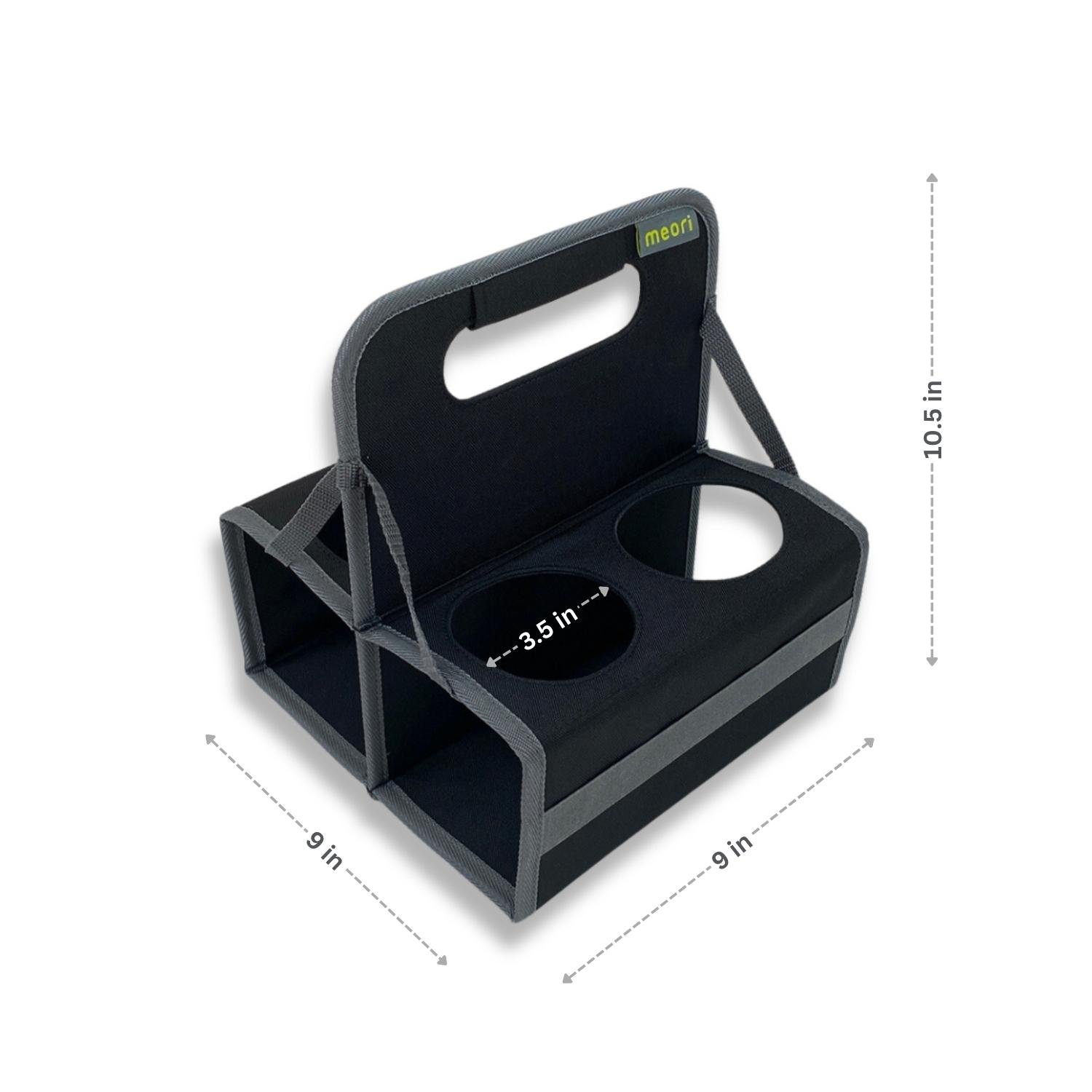 A100833-07-meori-Reusable-4-Cup-Carrier-Lava-Black-DIM Black 4 Drink Caddy with dimensions