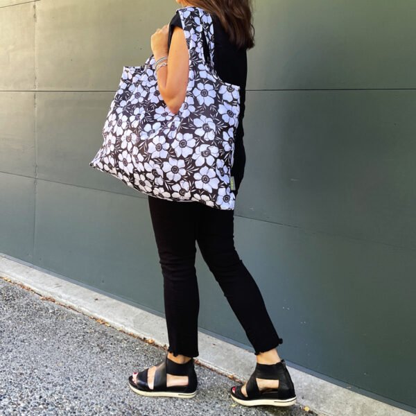 Black Reusable Grocery Bag with White Floral Print
