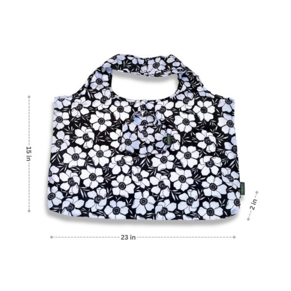 Black Reusable Grocery Bag with White Floral Print with dimensions