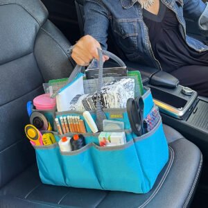 Azure Blue Craft Tote filled with quilting supplies on passenger-side car seat