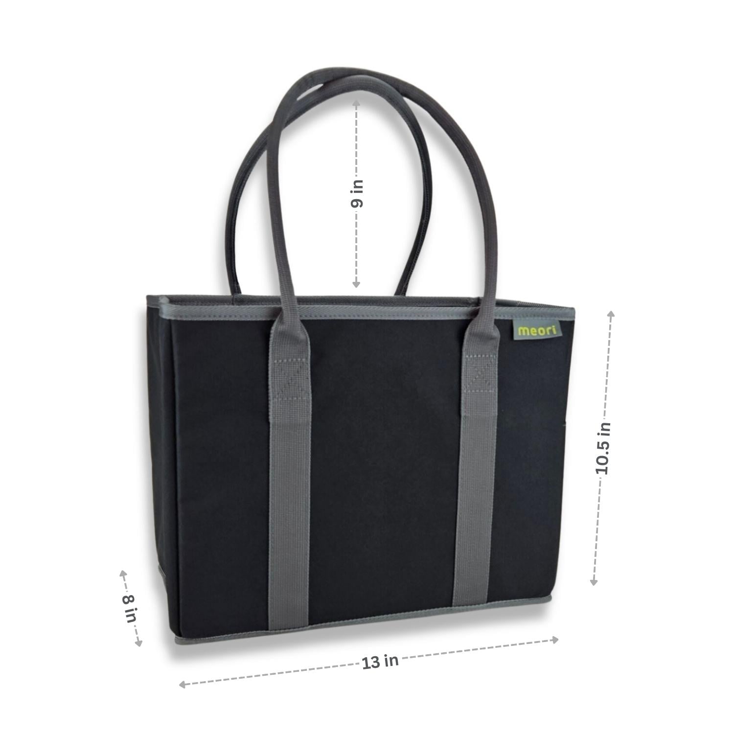 A100852-02-meori-Office-Tote-Lava-Black-DIM Black Office Tote Bag with dimensions