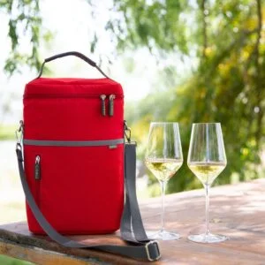Two White Wine Glasses next to zipped-up Red 2 Bottle Insulated Wine Bag