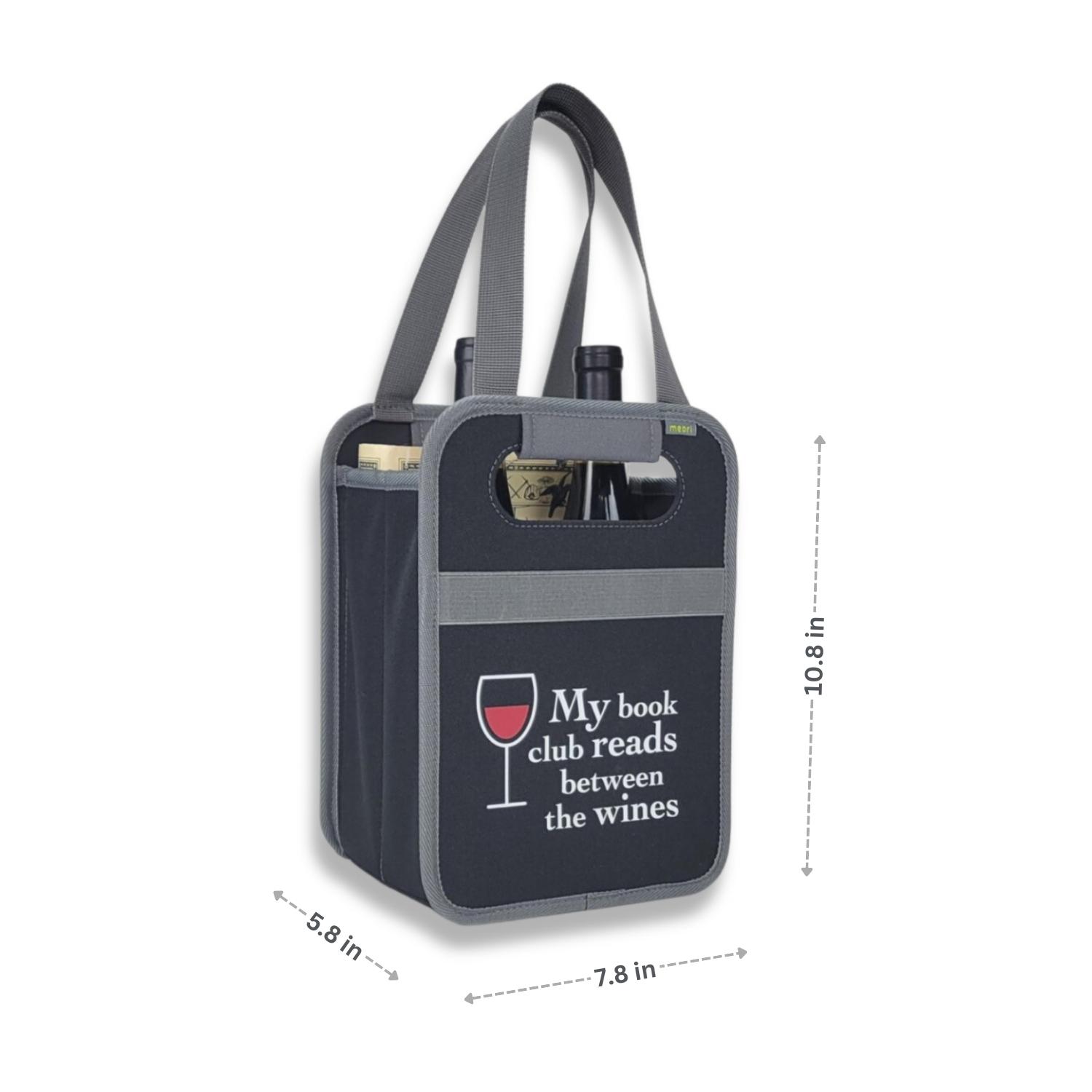 A100873-14-meori-Book-Club-Wine-Tote-DIM Black Book Tote Bag with dimensions