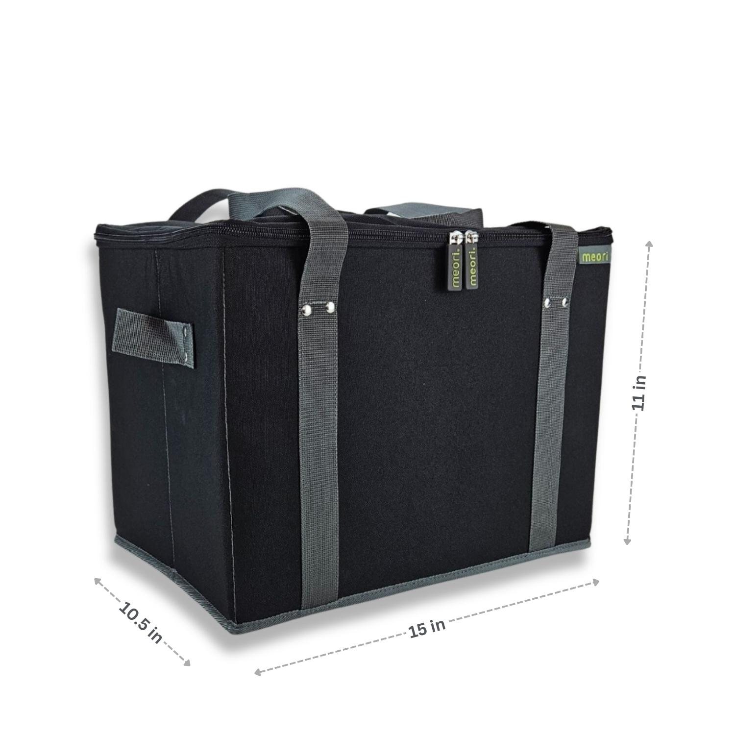 Black Insulated Grocery Bag With Zipper with dimensions