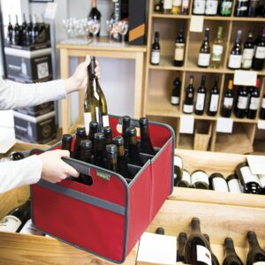 B100296-08-meori-12-Bottle-Wine-Carrier-Hibiscus-Red-LST Red 12 Bottle Wine Carry Bag filled with 12 bottles sitting on open crate in wine store