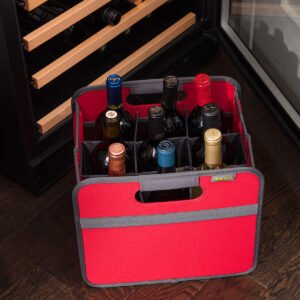 Red 9 Bottle Wine Bag filled with bottles sitting in front of open wine cooler