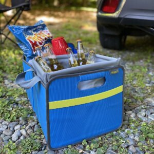 Blue SUV Trunk Organizer with party bowl insert filled with beer bottles on ice and chips
