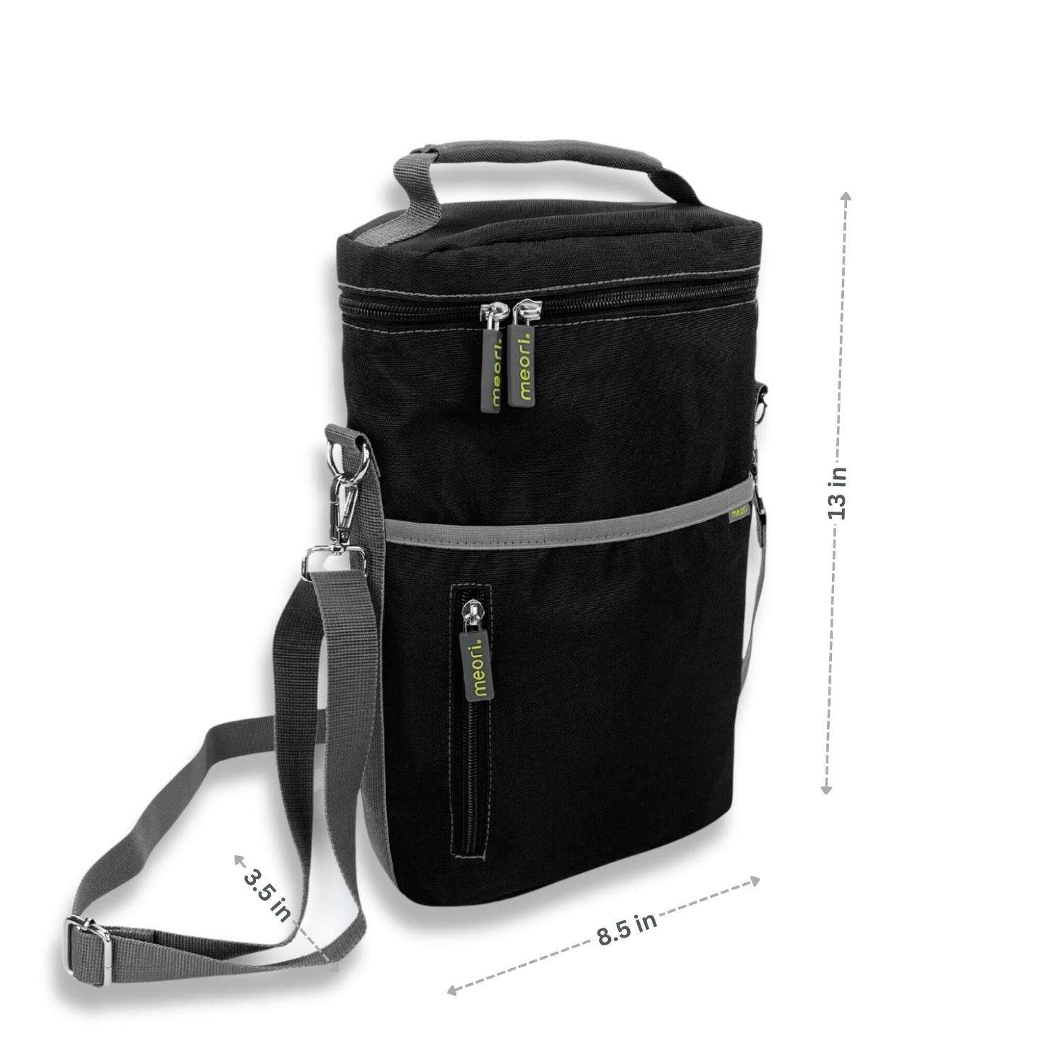 B100869-10-Insulated-Wine-Tote+Tumbler-meori-Lava-Black-DIM Black Wine Gift Bag with dimensions
