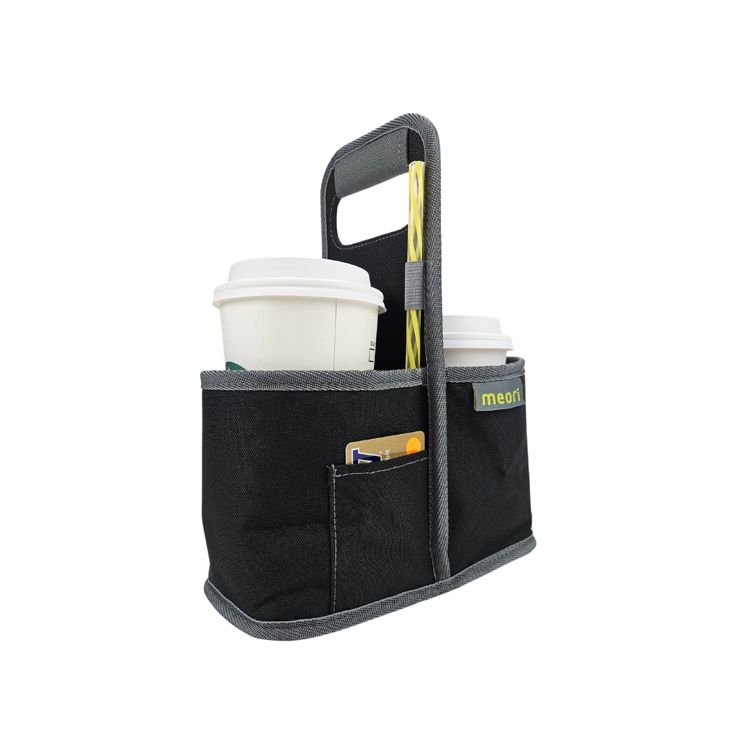 portable drink carrier reusable in black with coffee cups and credit card and straw